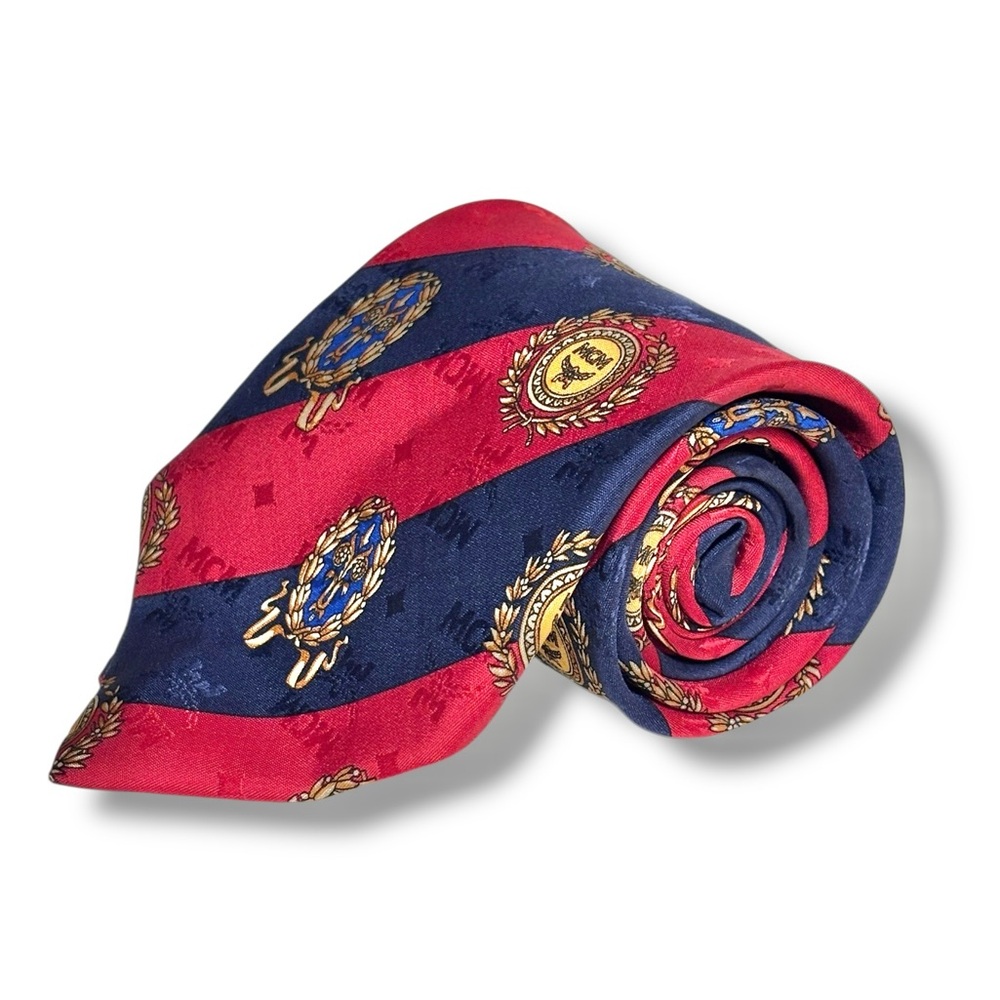 MCM Red & Navy Stripe Silk Tie Gold Shield & Logo VINTAGE